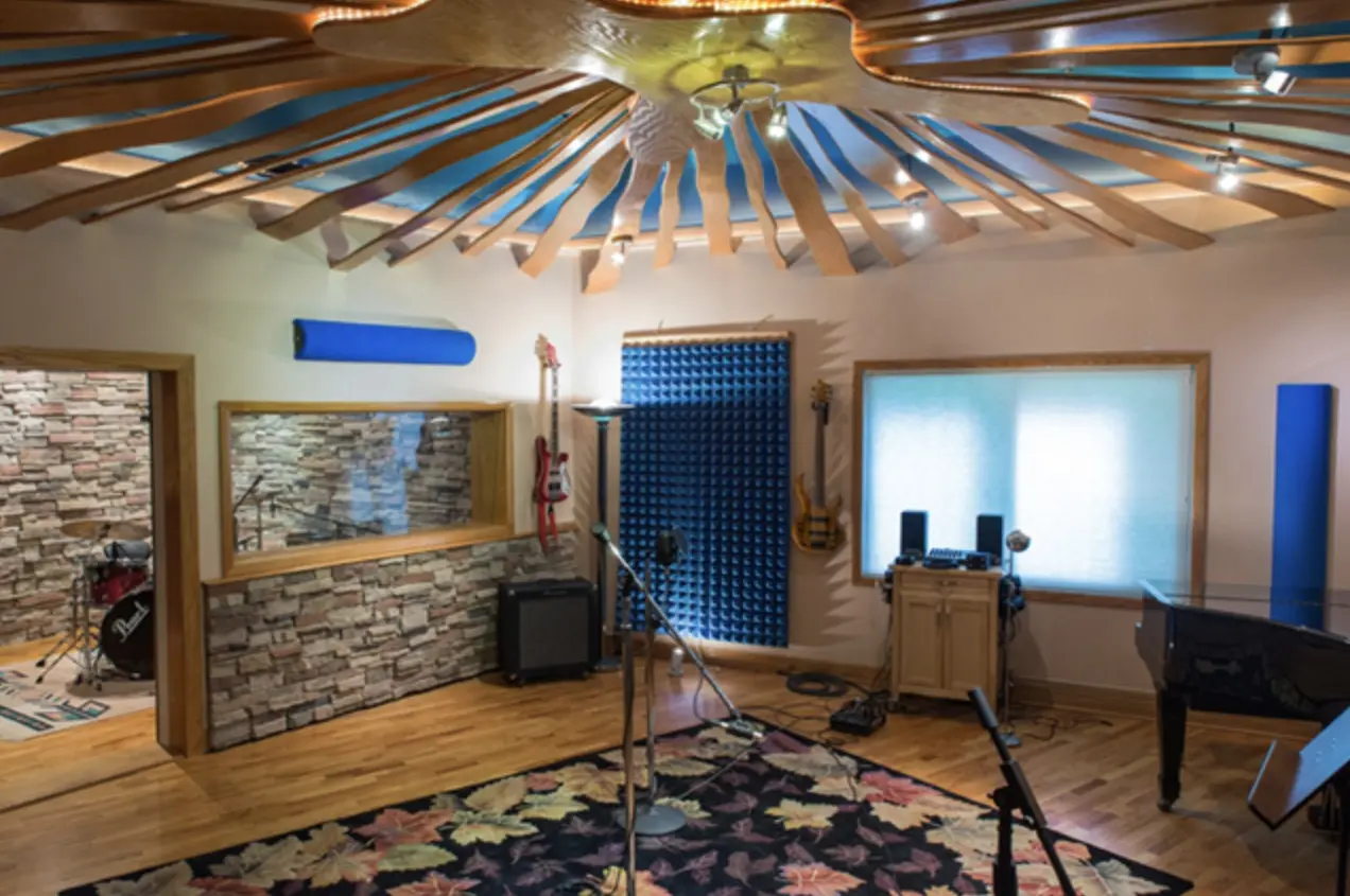 Live room looking toward the vocal booth and drum room doors